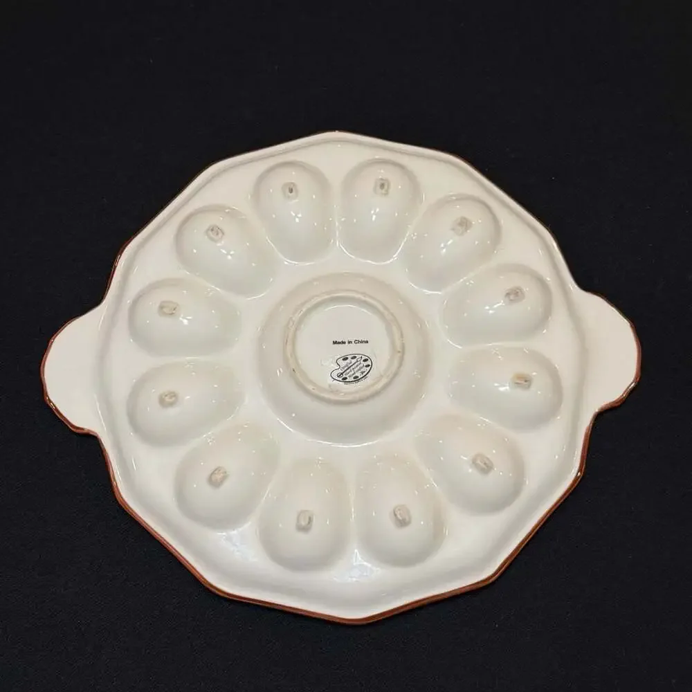 Majolica Ceramic Hand Painted Floral Lace 12 Egg Tray Platter 12”